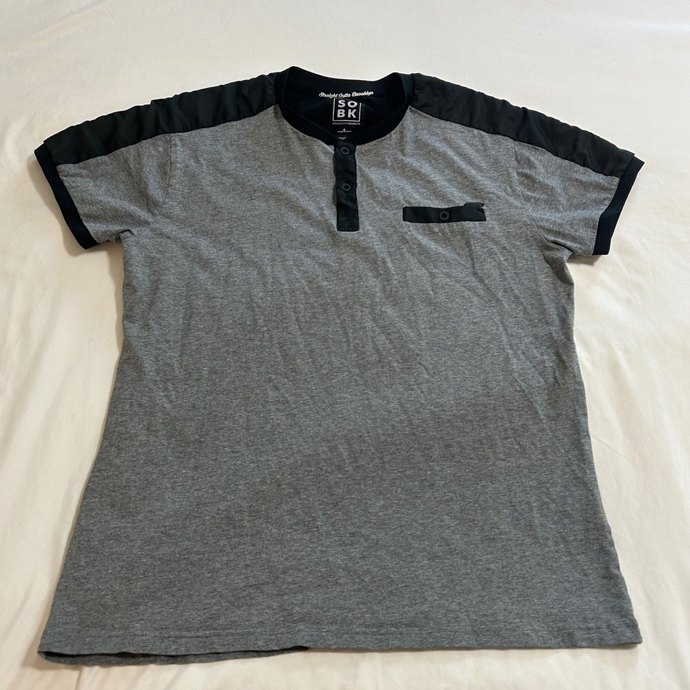 SOBK Straight Outta Brooklyn Mens‎ Gray Black Henley Shirt Supreme Cotton Large